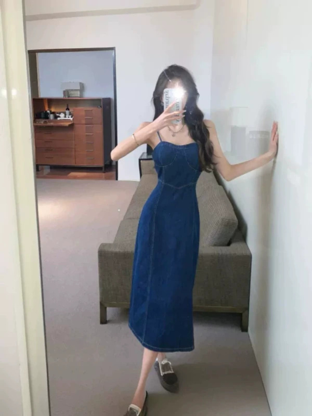 French Retro Denim Strappy Dress for Women Summer Waist Slimming Slit Maxi Dress